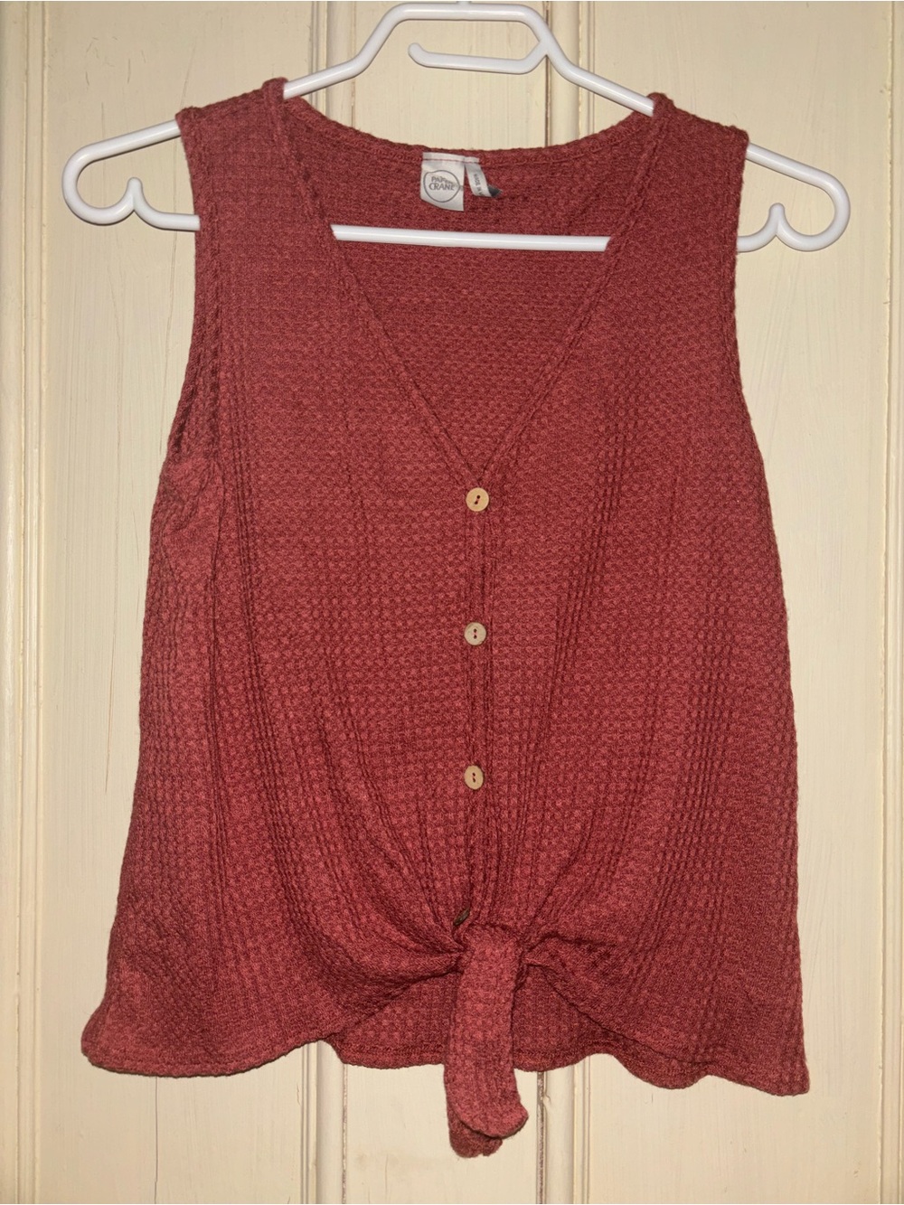 2/$25 Women’s Paper Crane Rust Tie-Front Sleeveless Button Tank